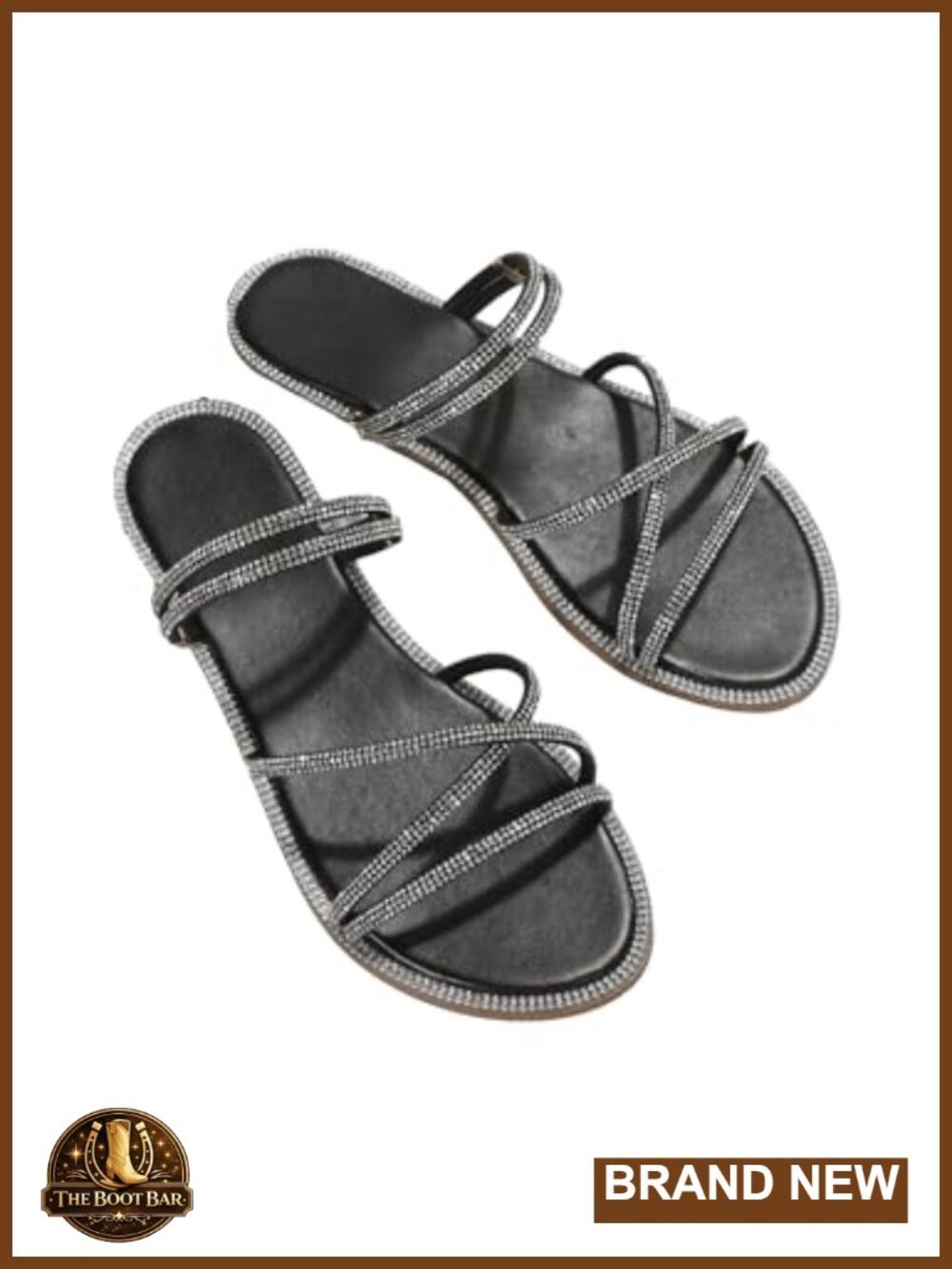 Rhinestone Flat Sandals Sparkly Open Toe Ankle Strap Slip On Casual